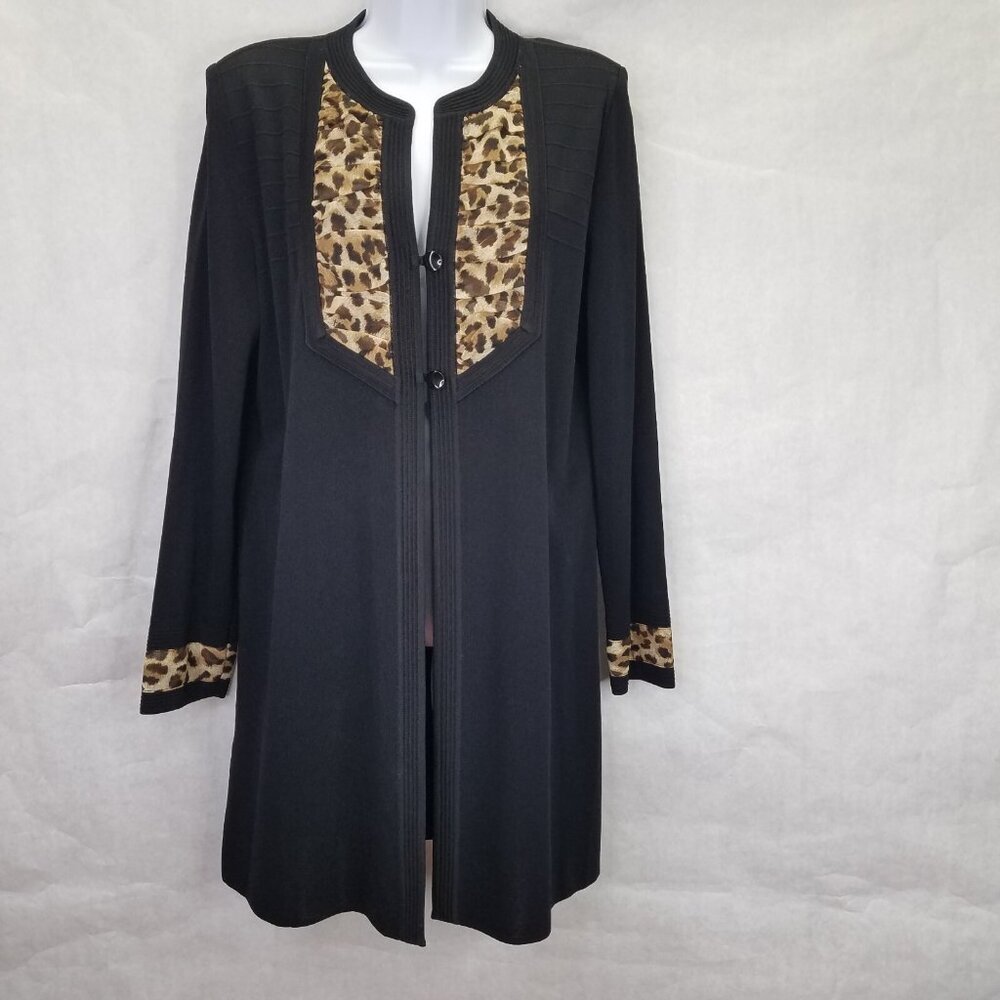MISOOK Long Cardigan Jacket Women's L Black Leopard Animal Trim Liquid Knit Boho